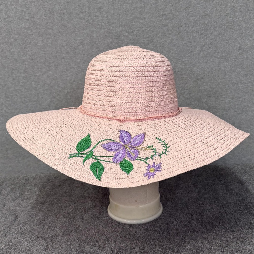 VTG Hat Sun Womens Pink Straw Wide Brim Embroidered Floral Summer Travel Derby